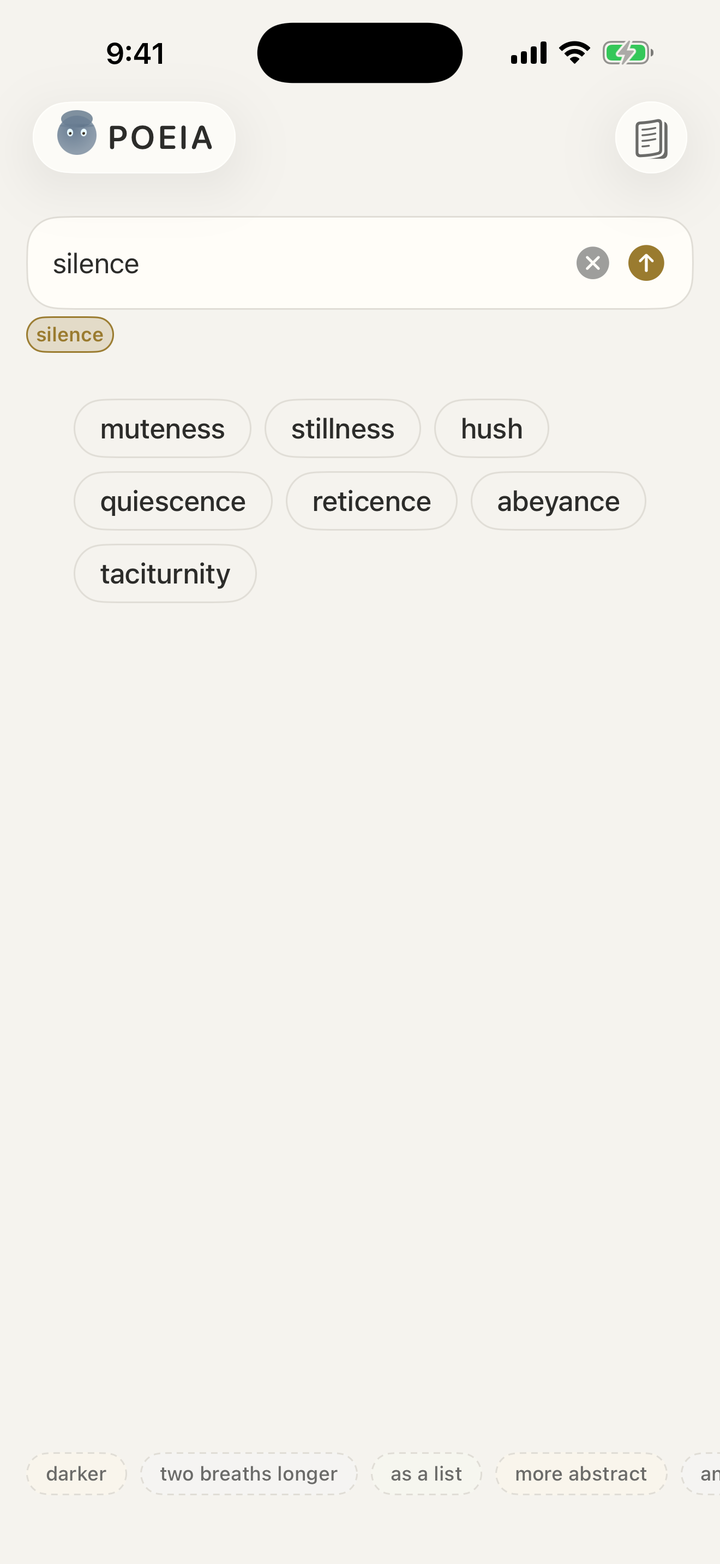 Poeia's connotation field for the seed word silence on iPhone
