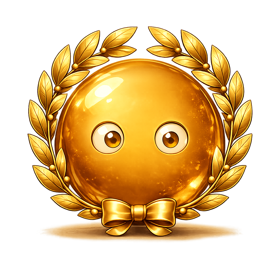 Inky, a small amber ink-drop companion in a golden laurel wreath, glossy and luminous